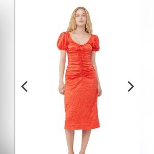 RED CRINKLED SATIN MIDI DRESS